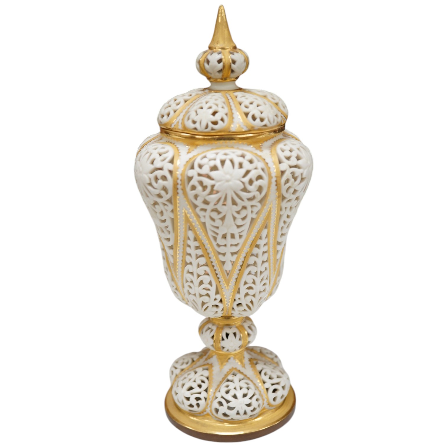 A Grainger's reticulated vase and cover, with gilded decoration, 24cm high. Condition - cover broken and repaired